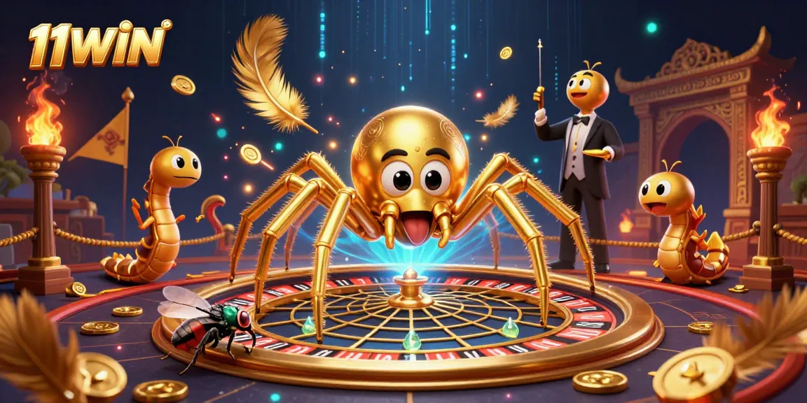 Experience thrilling betting with 11WIN in a vibrant casino scene featuring a golden spider and roulette wheel.