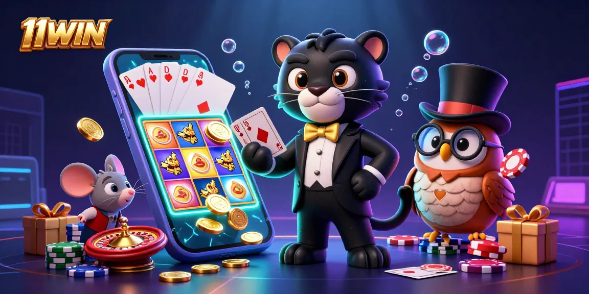 Experience vibrant casino action at 11WIN with a stylish panther and friends in an engaging scene.