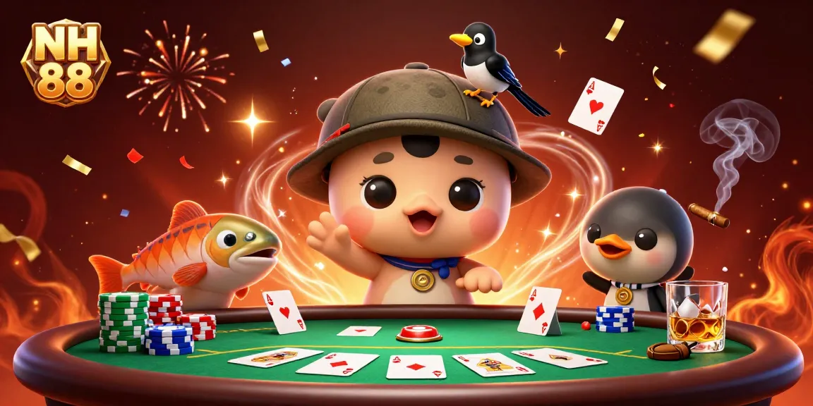 Celebrate thrilling wins at NH 88 with card games and cheerful characters in a vibrant casino scene.