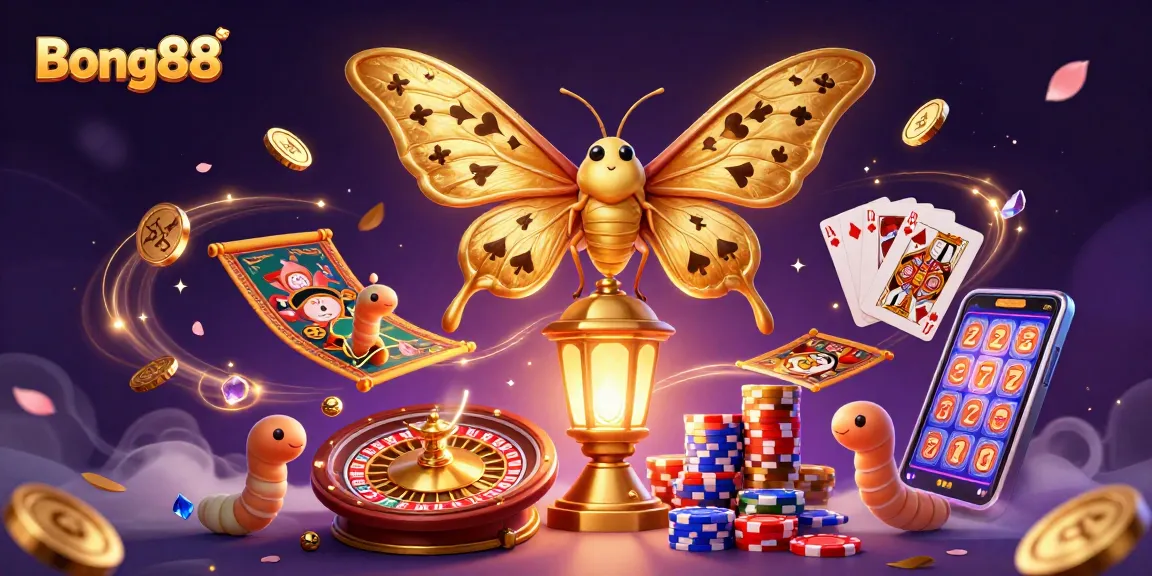 Bong88 showcases a vibrant 3D casino illustration featuring a moth with golden wings amidst flying coins and a roulette wheel.