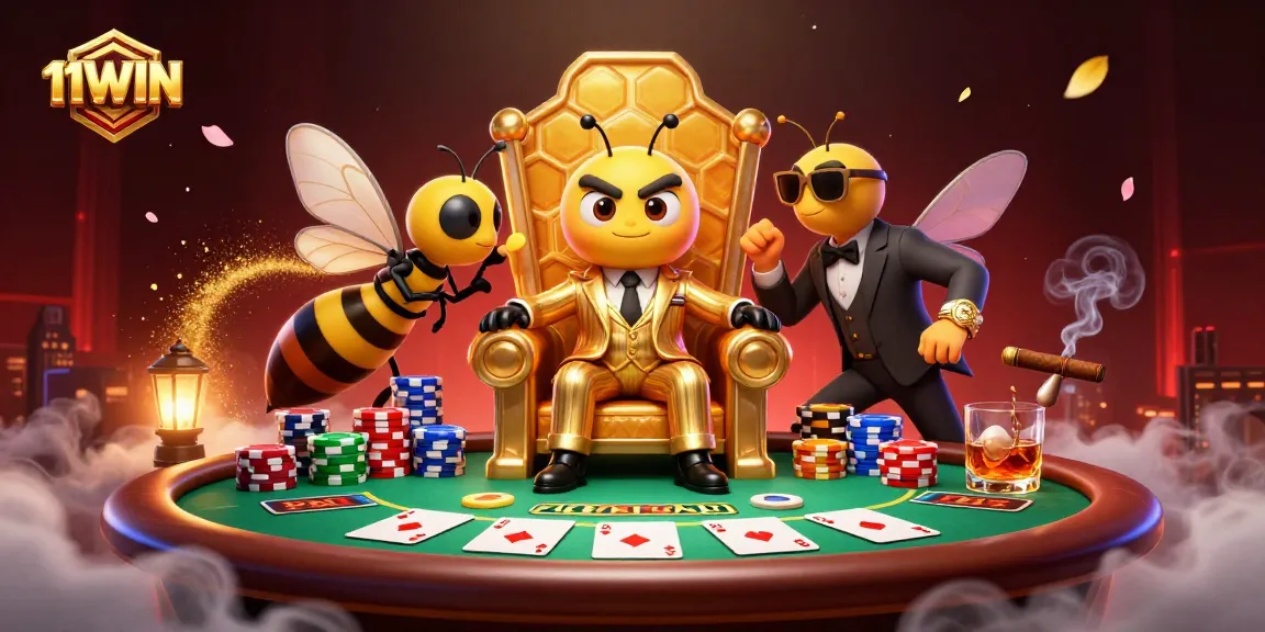Engage with 11WIN's vibrant casino scene featuring a mob boss and poker dynamics, rich in detail.