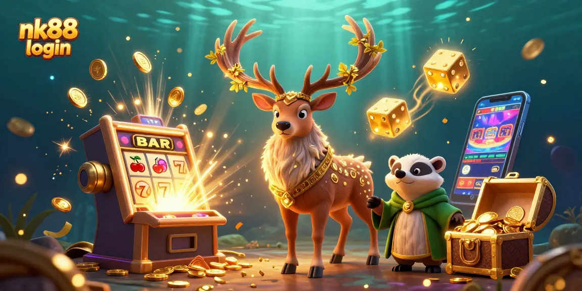 Engage with the vibrant nk88 login scene featuring a stag and wise badger amidst jackpot elements.