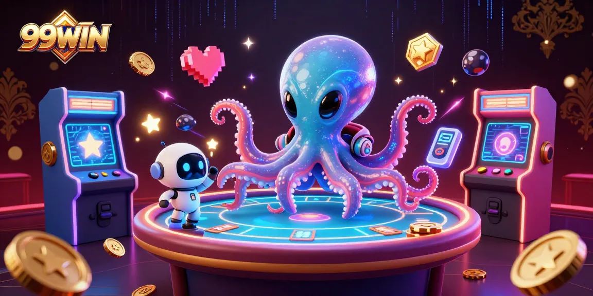 Engage in thrilling games at 99WIN with a 3D alien octopus operating a poker table surrounded by casino elements.
