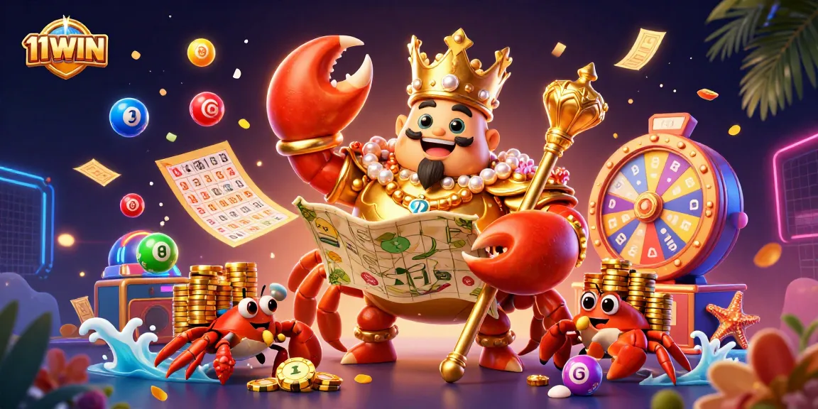 Engage with 11WIN's vibrant casino scene featuring a golden crab emperor and colorful gaming elements.