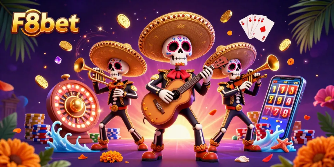 Engage with F8bet's vibrant gaming atmosphere through this dynamic 3D casino scene featuring mariachi characters.